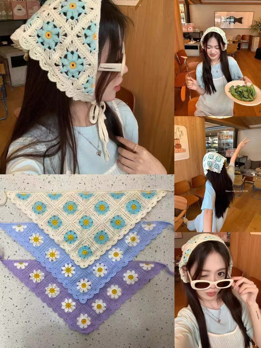 法式復古針織辣妹三角巾出遊甜美可愛鈎花文藝風頭巾女包頭髮帶潮