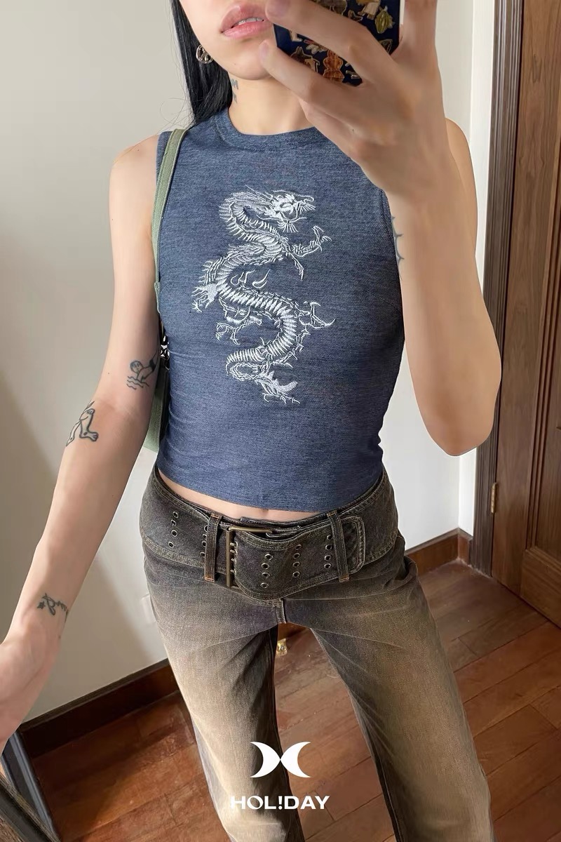 龍紋刺繡辣妹無袖小背心女夏季新款緊身內搭小眾短款顯瘦外穿上衣