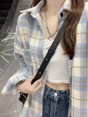 Blue Sunscreen Grid Women's Shirt 2024 New Spring and Autumn Season Hong Kong Style Chic Long-Sleeve Top Thin Outerwear