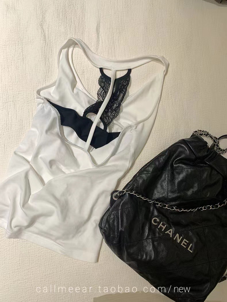CallmeEar//黑白鋼琴鍵白色後背蕾絲背心女純欲性感辣妹上衣