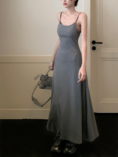 Actual shot ~ Simple and slim U-neck long style with breast pad design, elegant and high-end suspender dress in 3 colors