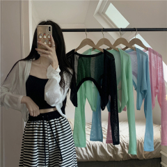 Real shot of summer short knitted cardigan worn over long-sleeved sun protection top for women