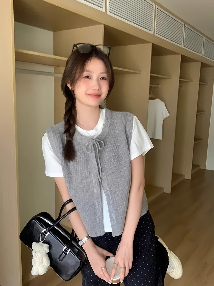 烏77設計感系帶百搭灰色背心女白色T恤新款圓領外穿無袖疊穿馬甲
