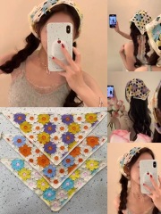 法式復古針織辣妹三角巾出遊甜美可愛鈎花文藝風頭巾女包頭髮帶潮