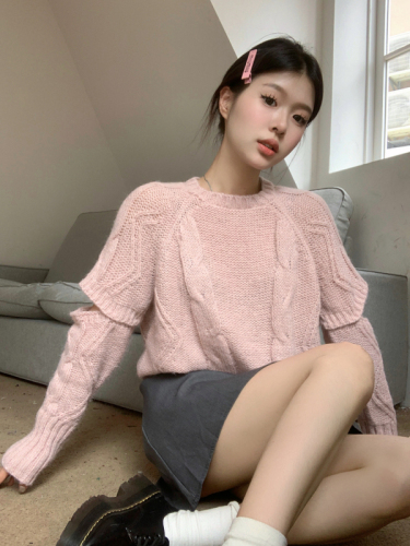 Real shot and real price Designed sleeves round neck pullover sweater lazy long sleeve knitted sweater for women
