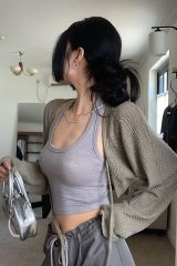 Real shot 2024~Waffle knitted shawl blouse short sun protection cardigan short jacket straps