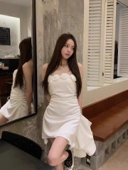 立體花朵抹胸連衣裙女2024夏季新款韓版氣質顯瘦不規則褶皺A字裙