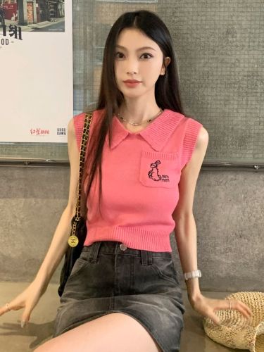Real shot of new summer clothes, internet celebrity style polo collar short sleeveless sweater vest top for women