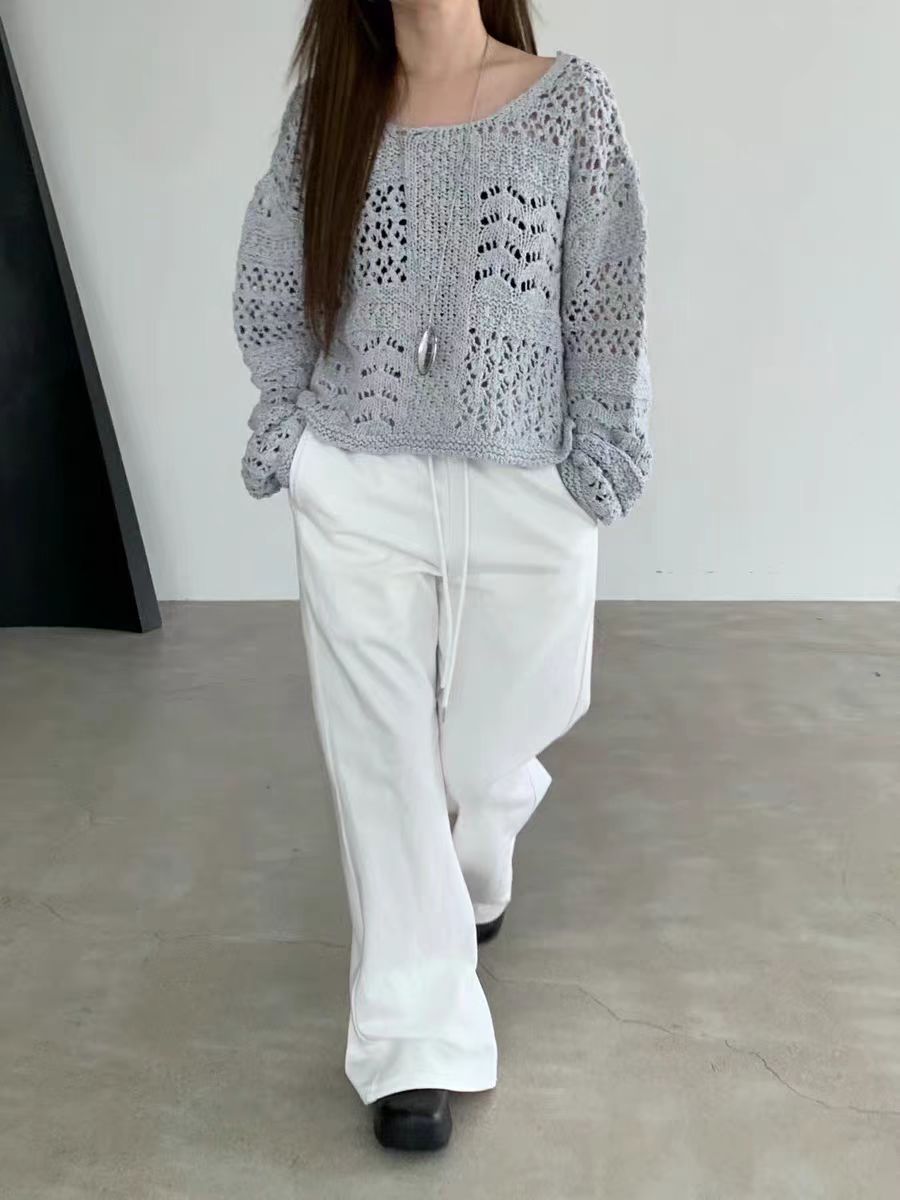 Unique French Retro Lace Openwork Thin Knit Top 2024 Summer Short Sleeve Hooded Long Neck Cover-up T-shirt Trendy