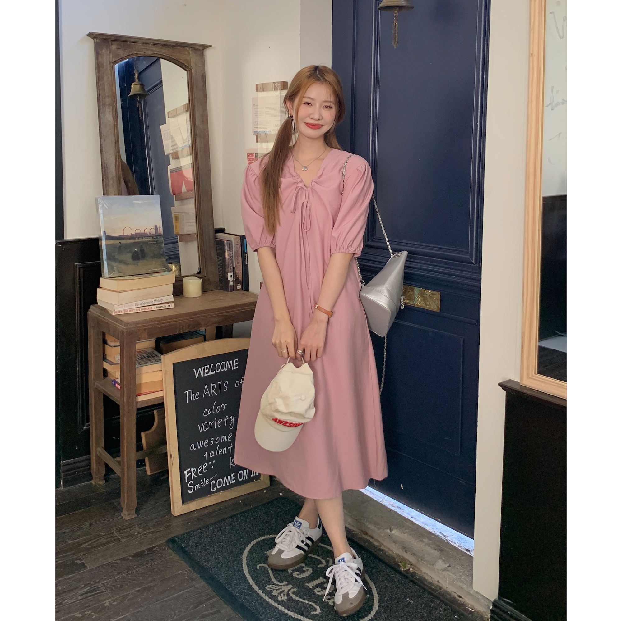 Real shot Korean style niche design lace-up puff sleeve shift dress
