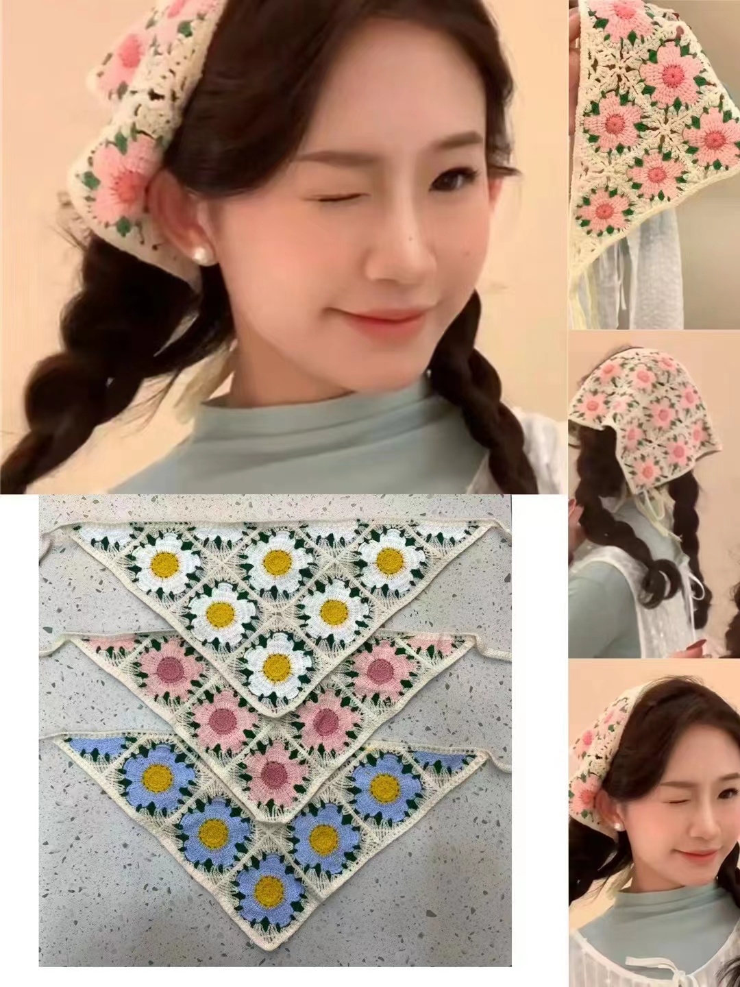 法式復古針織辣妹三角巾出遊甜美可愛鈎花文藝風頭巾女包頭髮帶潮