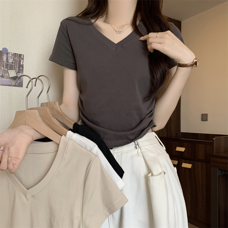 Actual shot of new version of Korean style slim pleated solid color short-sleeved T-shirt