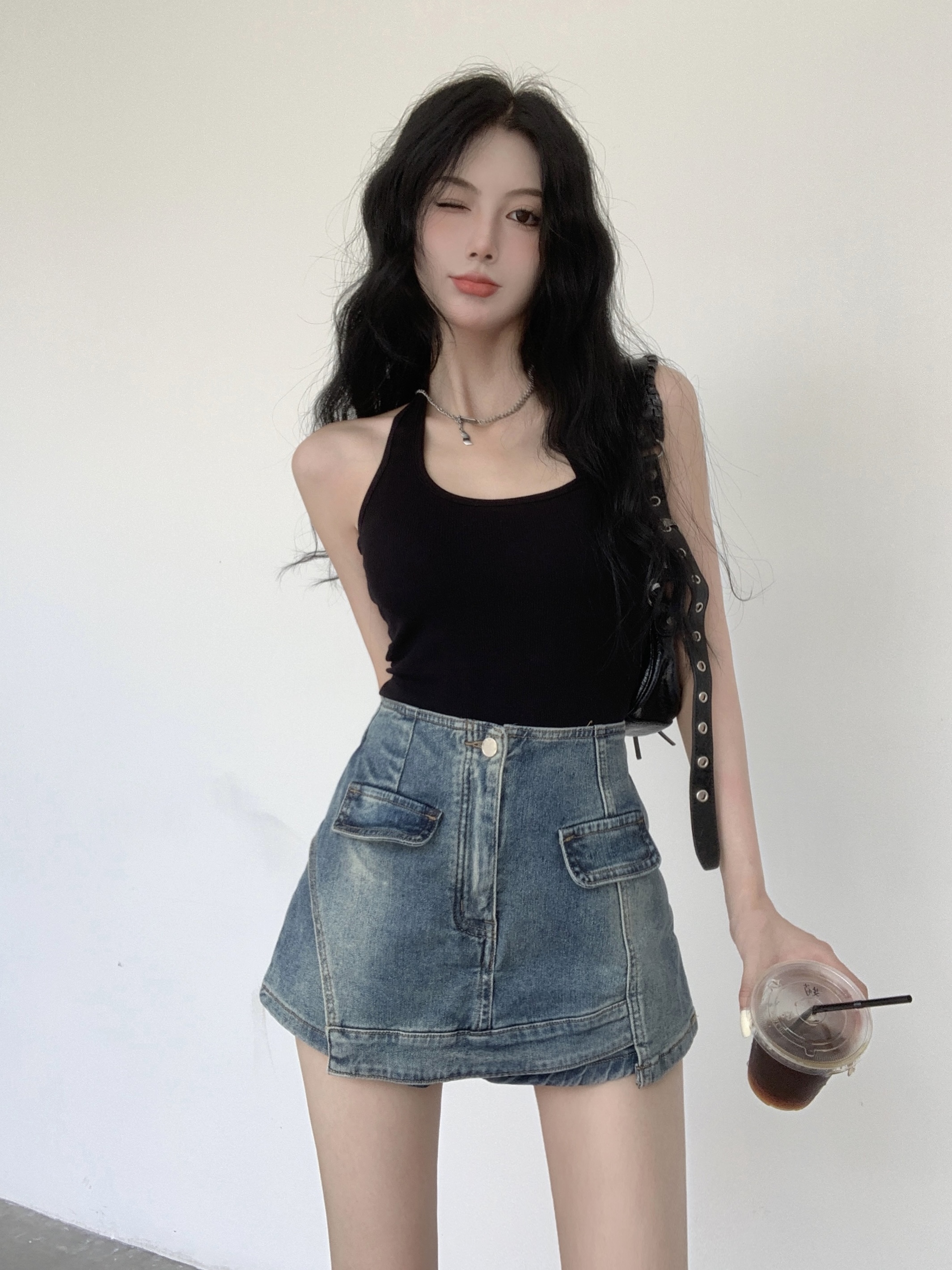 實拍~甜辣不規則設計感牛仔短裙女復古百搭A字包臀褲裙防走光