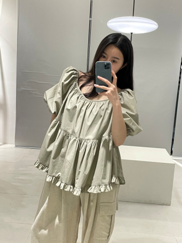 Pure cotton size update Korean chic summer loose puff sleeves pleated ruffled short-sleeved shirt for women