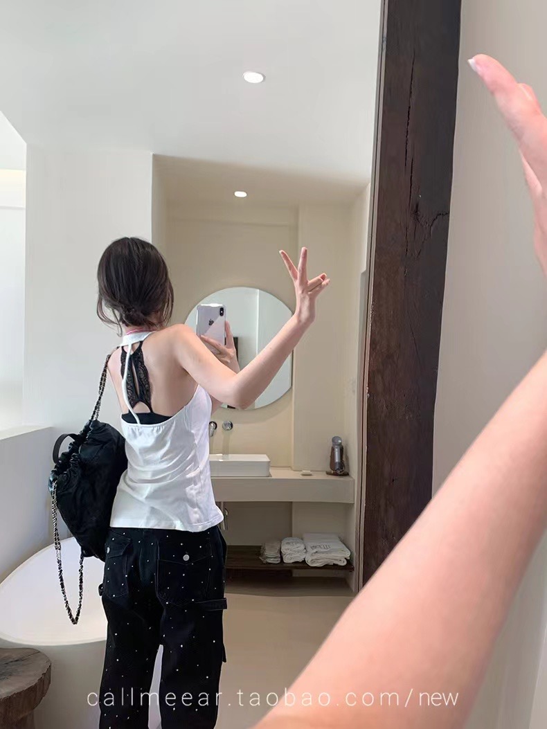 CallmeEar//黑白鋼琴鍵白色後背蕾絲背心女純欲性感辣妹上衣