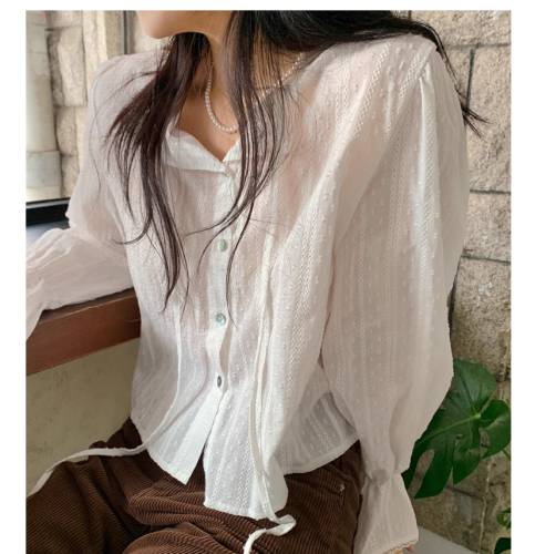 2024韩国春秋新款甜美喇叭袖刺绣蕾丝衫单排扣衬衫纯色衬衣女上衣