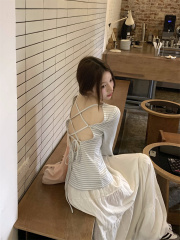 Real shot!  Versatile striped contrasting color slim fit stretch T-shirt top with hollow back design