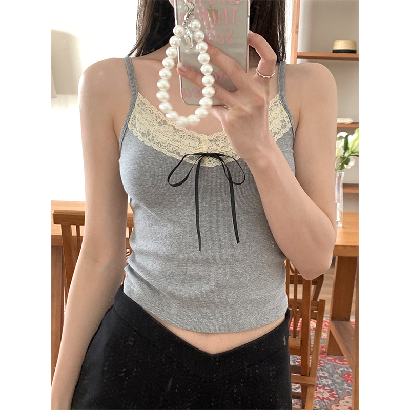 Real shot of small floral pure lust lace suspender v-neck tie bow sweet inner top for women