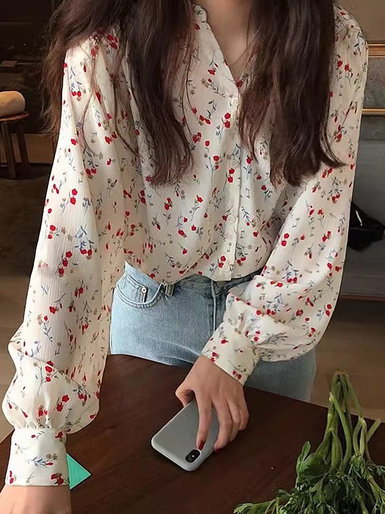 Spring Women's Fashion New Release, Versatile Loose Student Long-Sleeve Stand Collar Blouse, Sweet and Fresh Elegant Floral Shirt