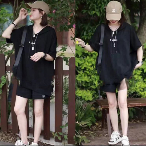 Fashion casual short-sleeved suit for women 2024 summer new style loose hooded sportswear versatile shorts two pieces