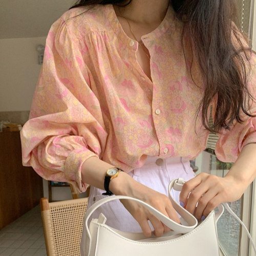 Sweet age-reducing floral shirt loose lantern sleeve fresh floral top for women