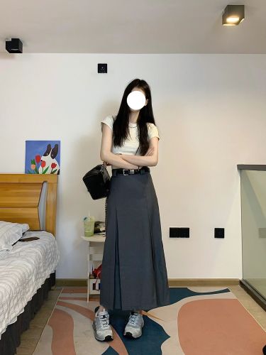 Gray pleated suit skirt women's summer solid color bottoming shirt + high-waisted A-line mid-length large swing umbrella skirt