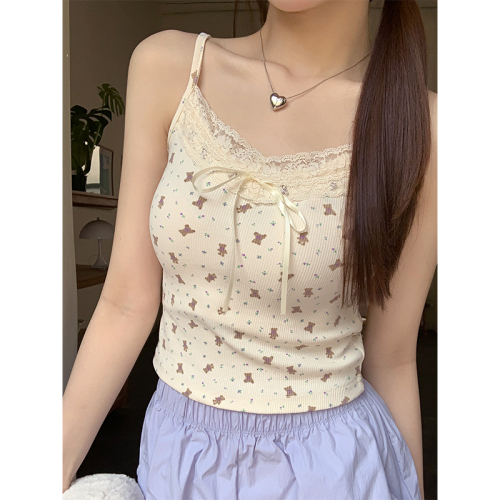 Real shot of cute, sweet and pure-desired summer slim-fitting top for women wearing floral small suspenders on the outside and inside