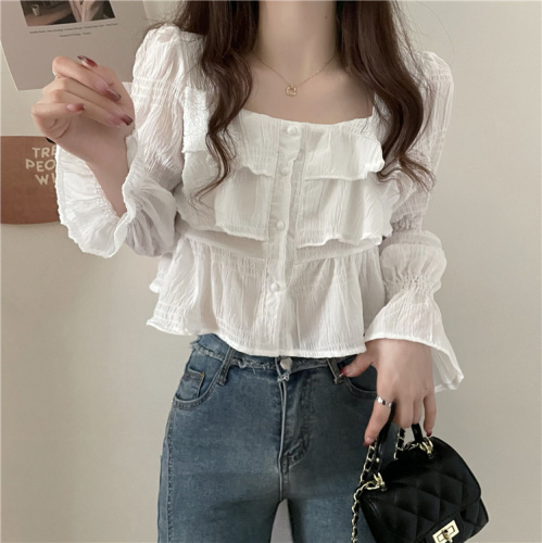 Actual shot ~ Spring and summer new style French square collar chiffon shirt, sweet trumpet sleeve temperament shirt top