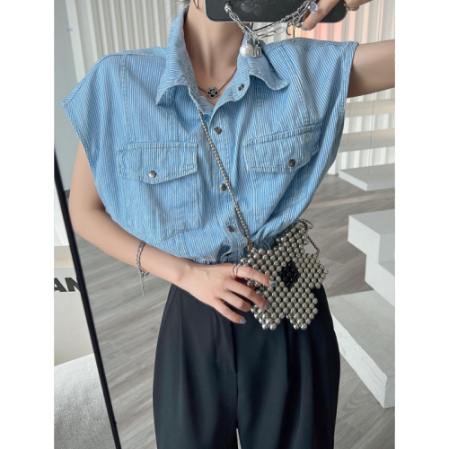 Korean summer retro waisted short top pinstripe sleeveless slim denim short jacket