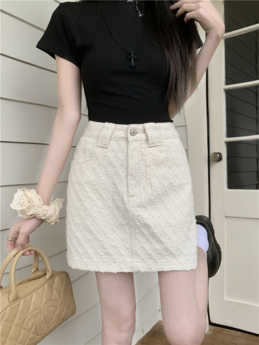 Actual shot~New jacquard rhombus high-waist slim and versatile denim skirt, anti-exposure A-line skirt
