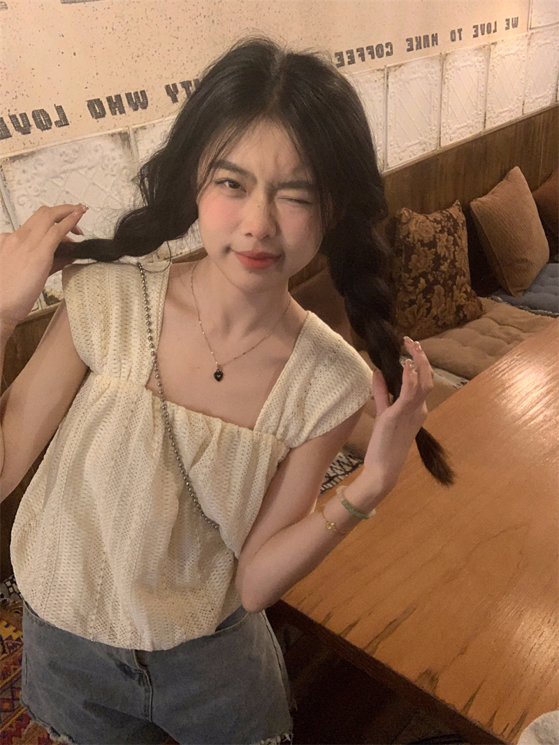 設計感方領背心 蕾絲鈎花減齡娃娃衫 女