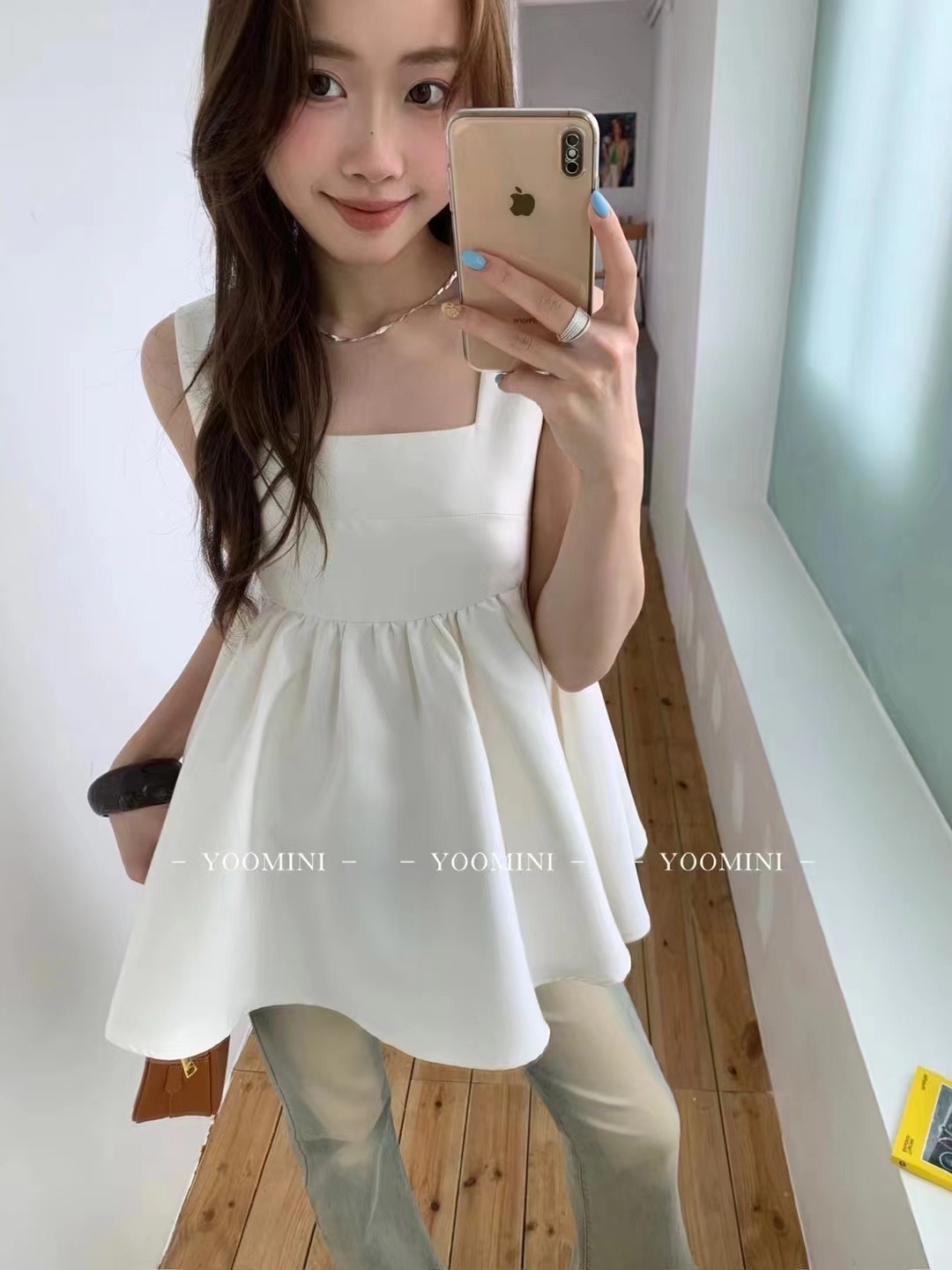 十三行女裝2024春款韓版寬鬆無袖方領背心小飛袖娃娃衫荷葉邊上衣
