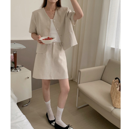 韩版2024新款小香风短袖西装套装夏气质单排扣西服半身裙两件套