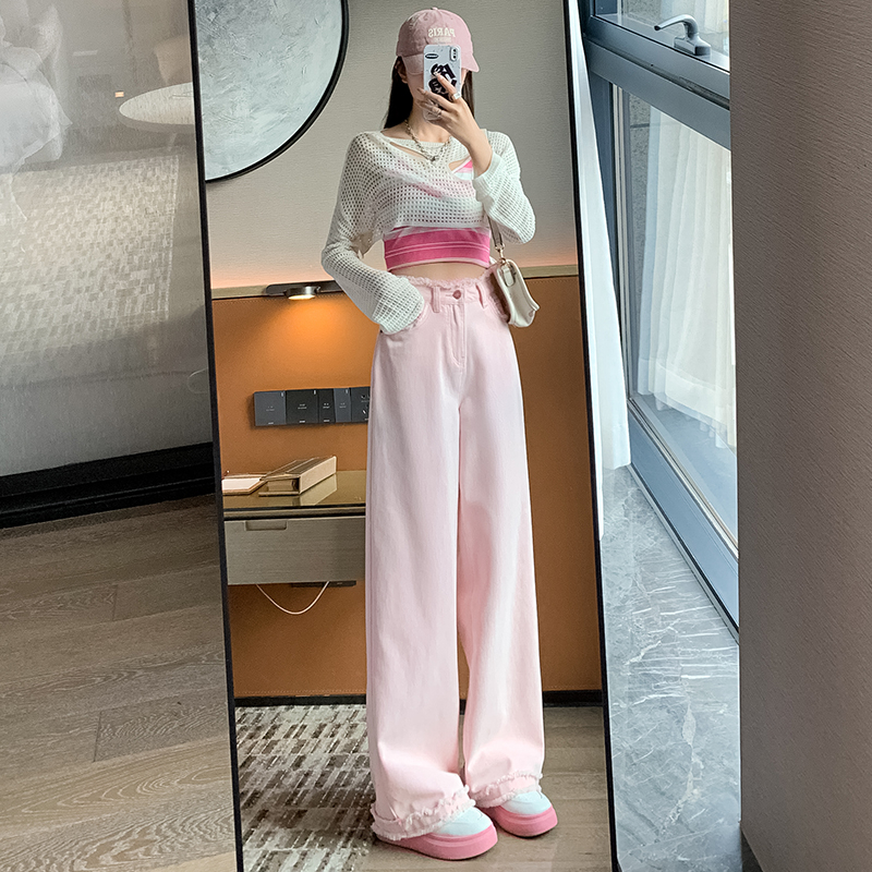 Real shot straight trousers wide-leg pants bristled design casual pants jeans trousers extended jeans women