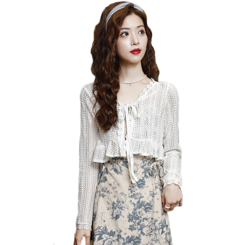 Already shipped 2024 spring and summer new hollow lace-up knitted sun protection shirt long-sleeved loose small shawl