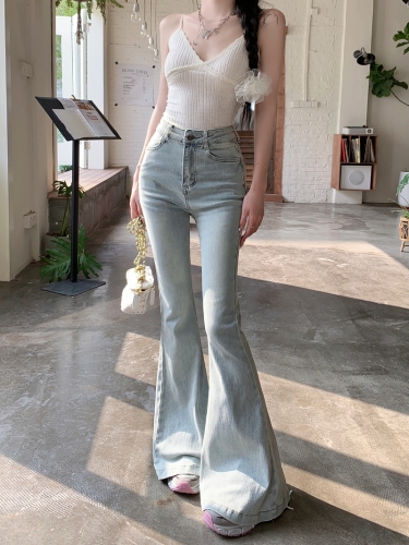 Actual shot #New style micro-elastic washed retro denim trousers for women with design sense of flared wide-leg floor-length trousers