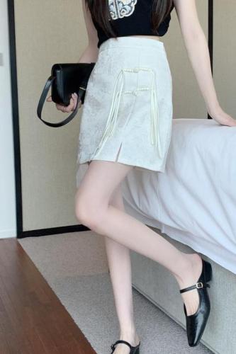 Actual shot of new Chinese style high-end concealed flower plate buckle skirt for women in summer high-waisted A-line slit anti-exposure skirt