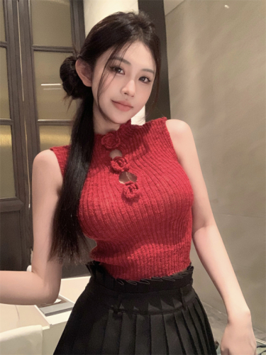 Real shot Hong Kong style three-dimensional flower hollow short slim-fitting vest sweater sleeveless top