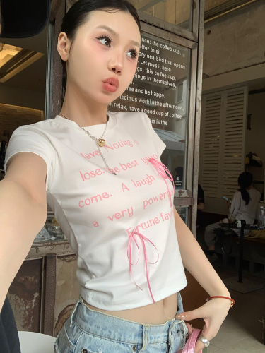 Real shot of hot girl design ribbon short slim T-shirt versatile letter printed bow short-sleeved top