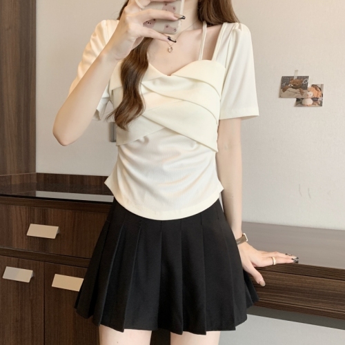 实拍 韩国外贸新款人棉2*2 夏装设计感小众短袖T恤女修身吊带
