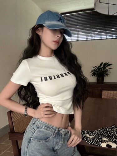 Actual shot Korean style simple basic elastic right shoulder slim letter printed versatile short-sleeved T-shirt