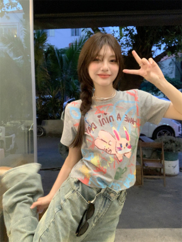 Real shot 2024 spring and summer new design hand-painted cartoon right shoulder short-sleeved T-shirt American retro top for women