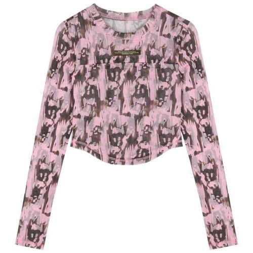 Official picture 95 polyester fiber 5 spandex design pink printed T-shirt women's long-sleeved short hot girl top