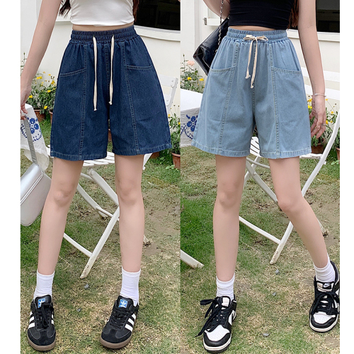 Real shot of sweet and cool style summer drawstring high-waisted denim shorts for women, loose and slim design, straight-leg mid-pants trendy