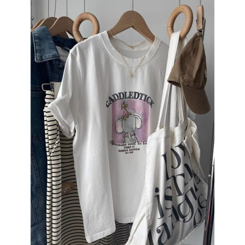 4961# Official Picture Dongdaemun New Korean Printed Loose Large Size Pure Cotton Short Sleeve T-Shirt for Women Summer