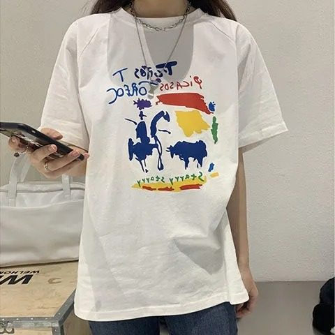 日系卡通涂鸦趣味短袖T恤女2024韩版新款原宿风宽松上衣