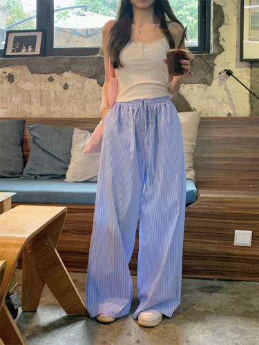 Real shot of Korean chic summer blue striped casual pants, wide leg pants + camisole top