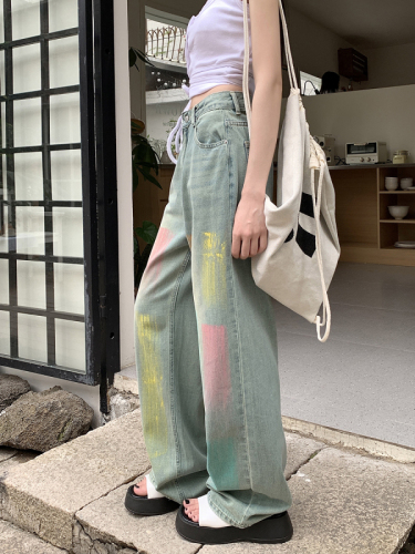 Actual shot of 2024 spring and summer colorful graffiti wide-leg jeans for women, high-waisted slimming drapey floor-length trousers