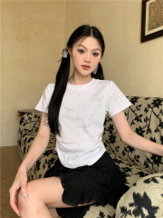 Actual shot of heavy industry bow-knot hot diamond round neck short waisted T-shirt top