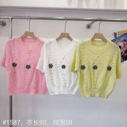 European beaded camellia sweater for women 2024 spring and summer fashion heavy industry design slimming short-sleeved